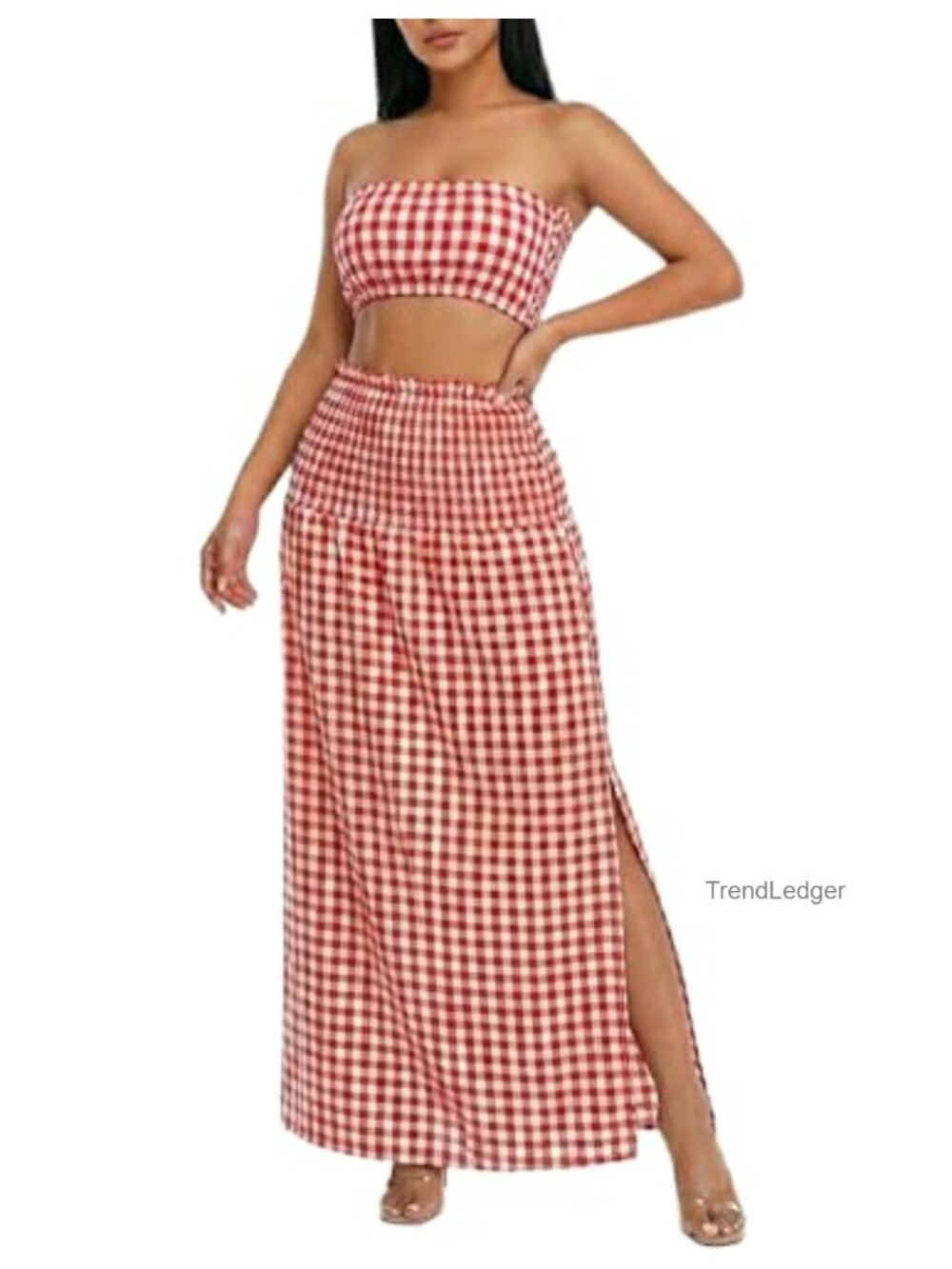 Women's 2 Piece Gingham Tube Top Maxi Skirt Set Vacation Outfit